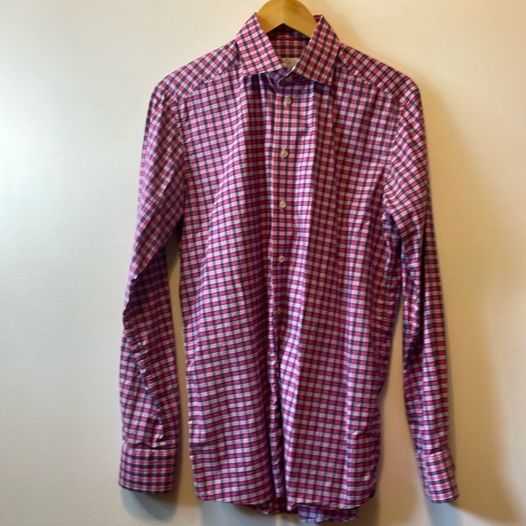 Pink / grey checkered Eton dress shirt. - Picture 1 of 5